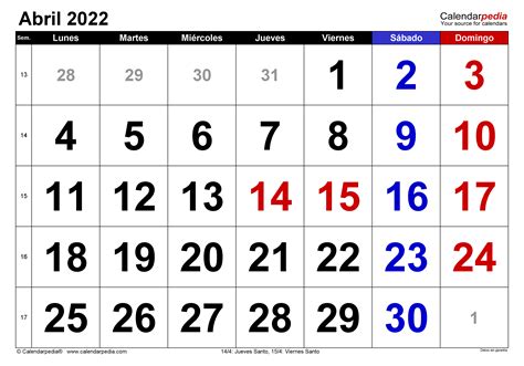 calendario de abril 2022